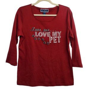 Karen Scott Love Me My Pet Paw Prints Dog Cat Red Shirt Womens Sz M 3/4 Sleeve